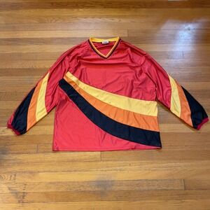 VTG 90s Red Asymmetrical Striped Long Sleeve Padded Satin Goalie Jersey 2XL USA